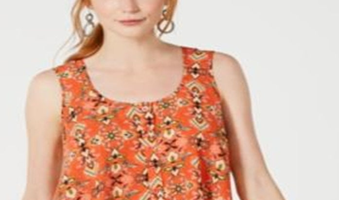 Style & Co Women's Printed Sleeveless High Low Swing Top Orange Size Petite L