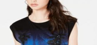 Guess Women's Printed Cap Sleeve Crew Neck Crop Top Black Size Large