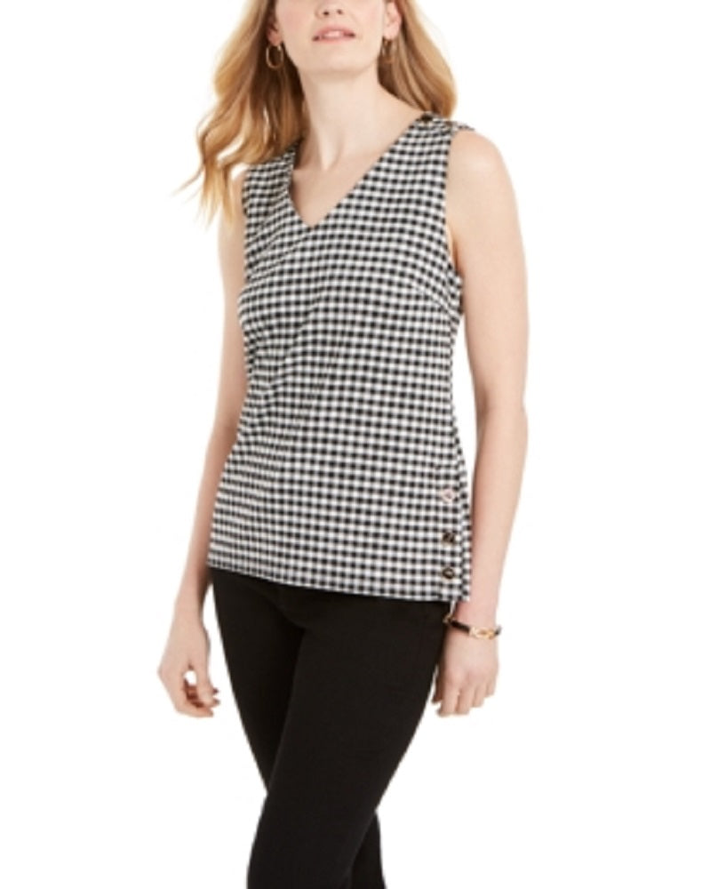 Charter Club Women's Gingham Print Button Side Top Black Size Small