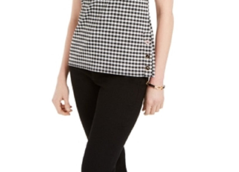 Charter Club Women's Gingham Print Button Side Top Black Size Small