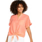 Charter Club Women's Linen Tie-Front Button-up Shirt Orange Size Medium