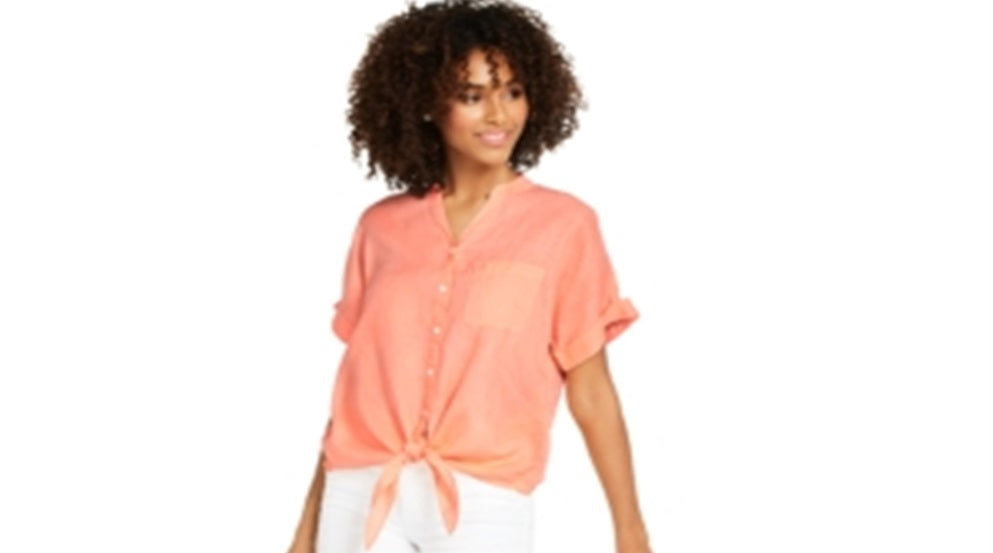 Charter Club Women's Linen Tie-Front Button-up Shirt Orange Size Medium
