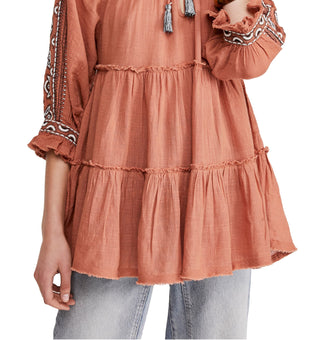 Free People Women's Dreamweaver Embroidered Tunic Top -Terracotta  Size Small