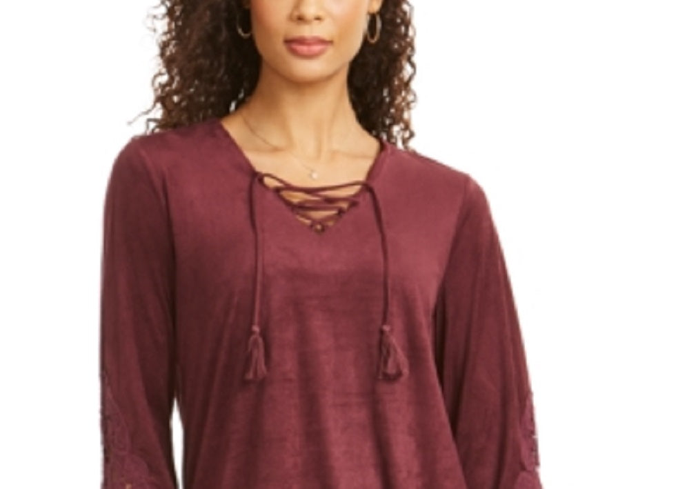 Style & Co Women's Faux-Suede Lace-up Top Red Size X-Large