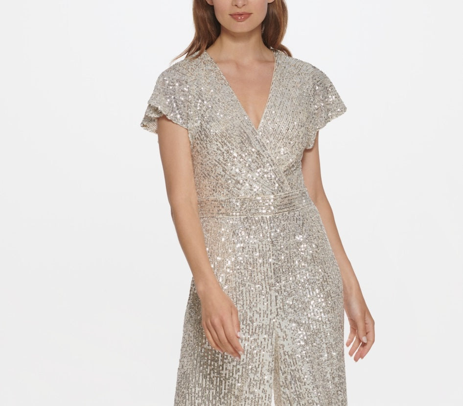 Eliza J Women's Sequined Flutter Sleeve Jumpsuit Beige Size Petite