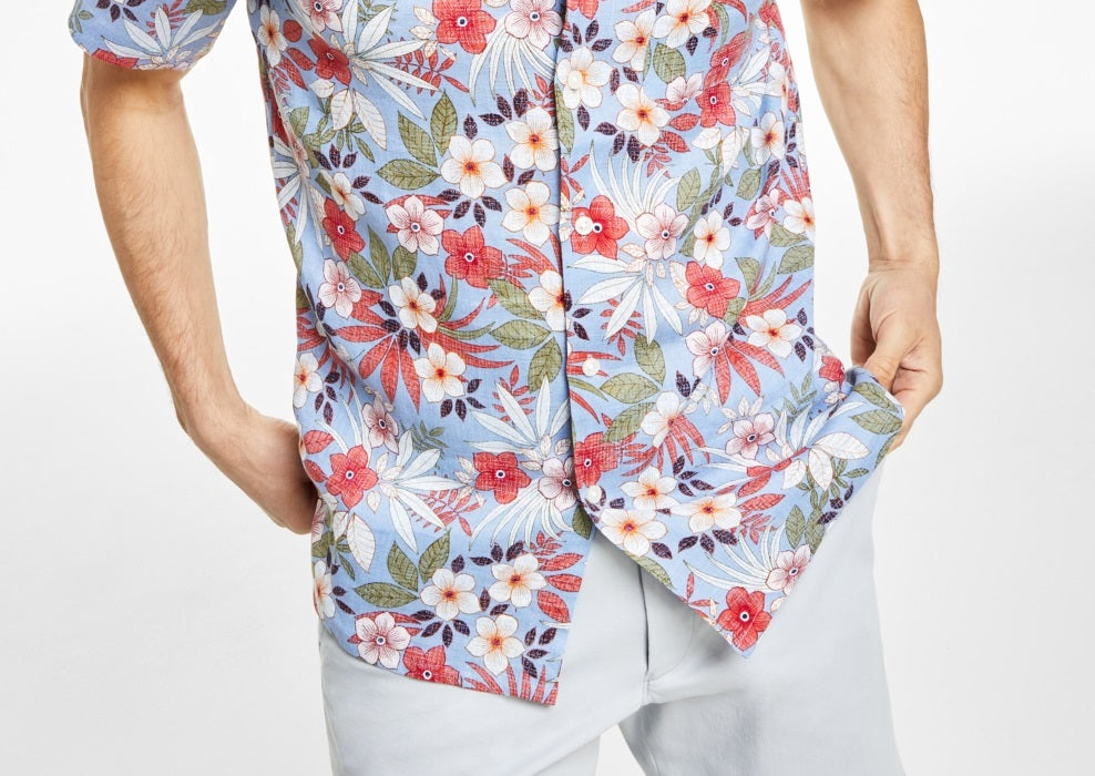 Club Room Men's Short Sleeve 100% Linen Floral Shirt  Purple Size Small