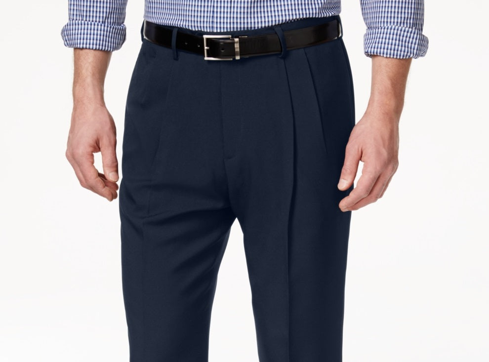 Haggar Men's Eclo Stria Classic Fit Pleated Hidden Expandable Waistband Dress Pants Blue Size 40X30