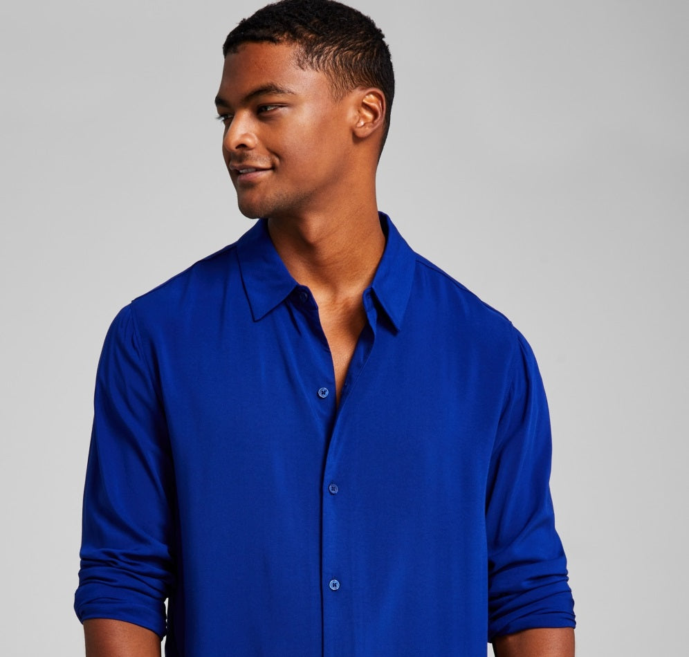 And Now This Men's Solid Long Sleeve Resort Shirt Blue Size Small