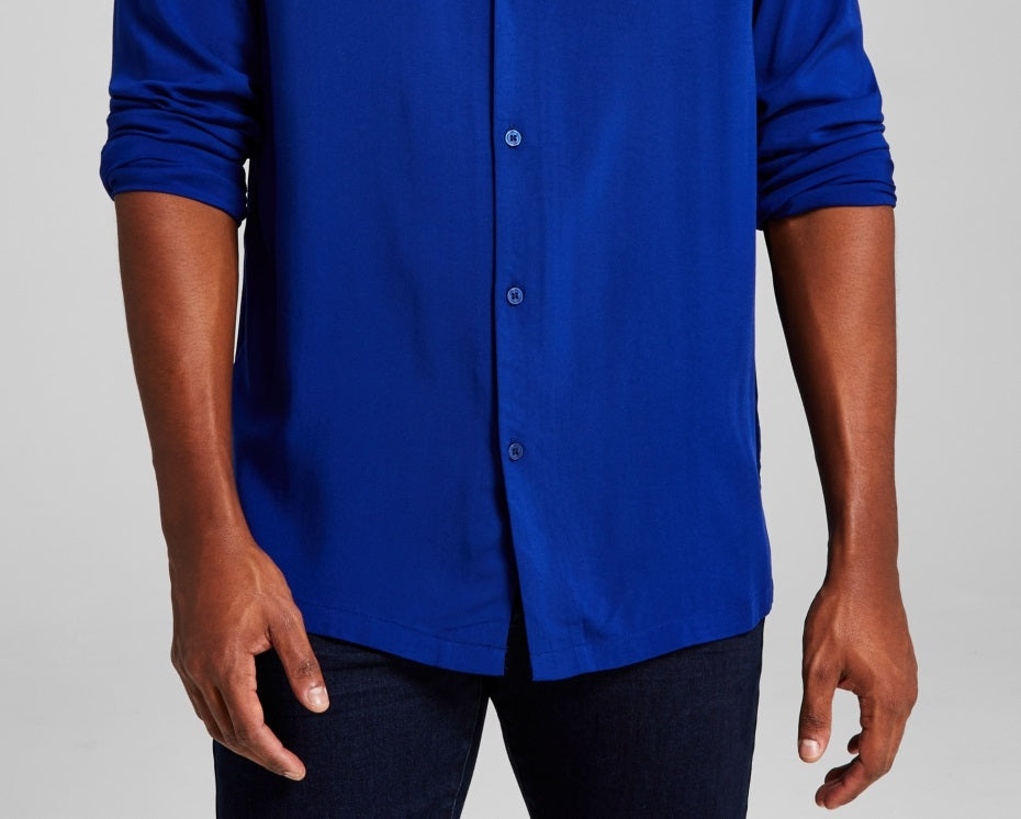 And Now This Men's Solid Long Sleeve Resort Shirt Blue Size Small