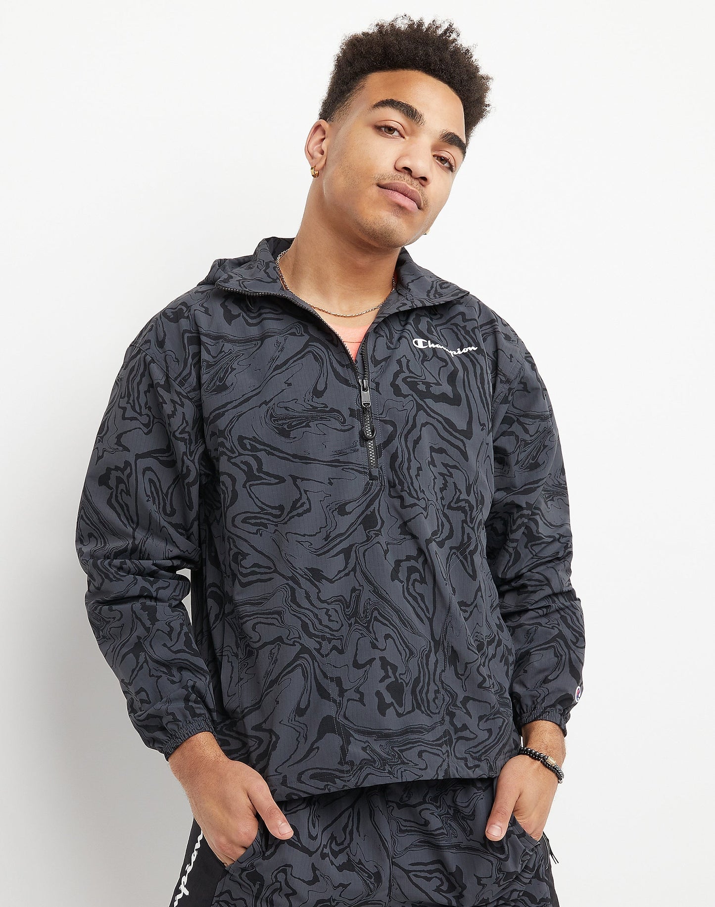 Champion Men's Standard Fit Logo Print Water Resistant Ripstop Anorak Black Size Large