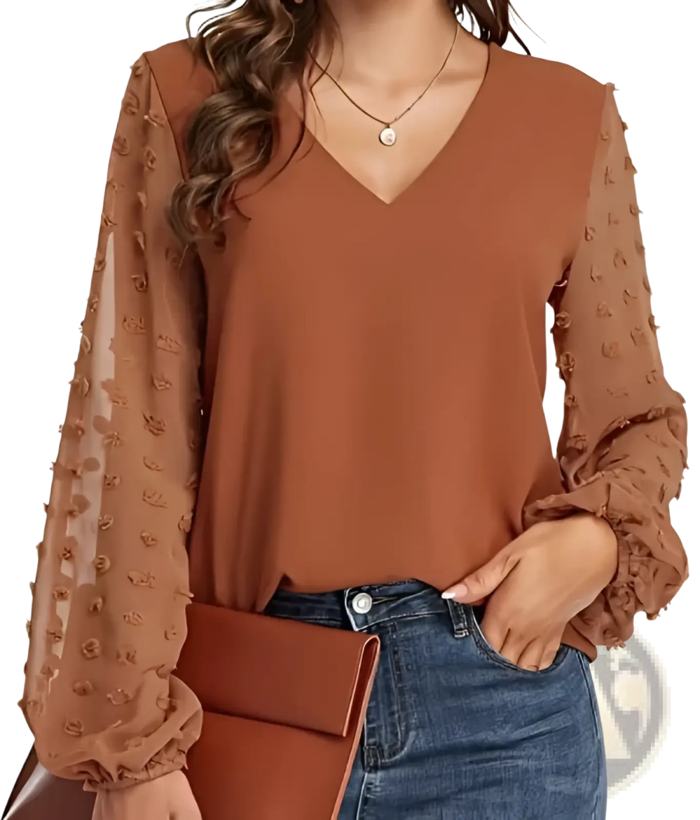 Swiss Dot v Neck Chiffon Blouse with Textured Ruffle Sleeves