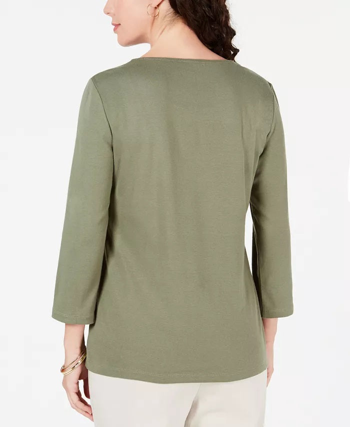 Karen Scott Women's Petite Rhinestone-Embellished Cotton Top Green Size Petite