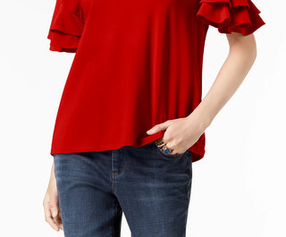 INC International Concepts Women's Petite Ruffled-Sleeve Top Dark Red Size Medium
