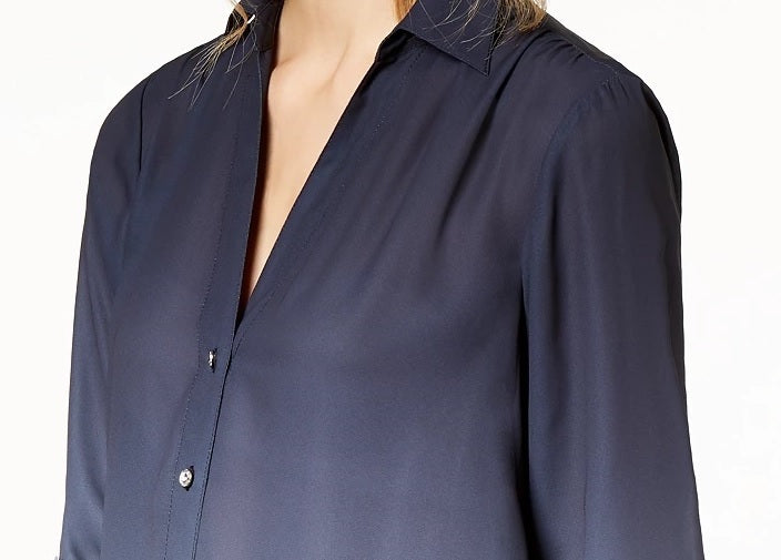 INC International Concepts Women's Dip Dyed Button Front Tunic Navy Size Medium