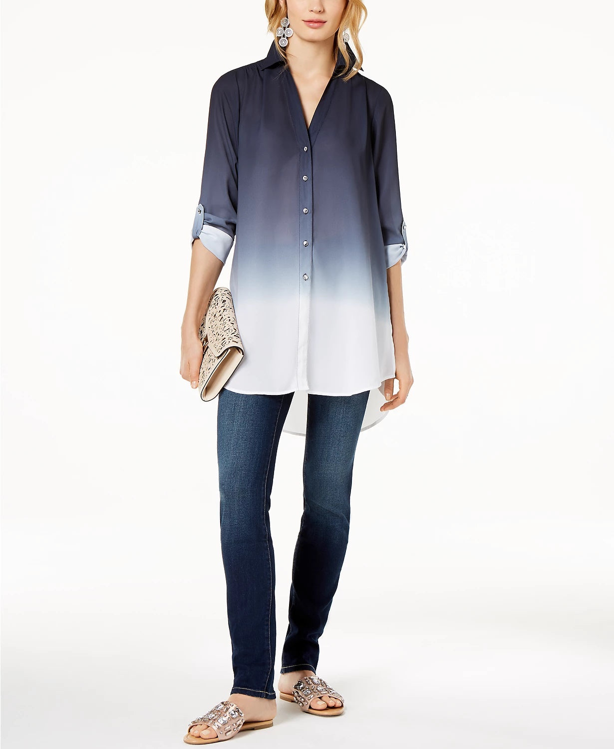 INC International Concepts Women's Dip Dyed Button Front Tunic Navy Size Medium