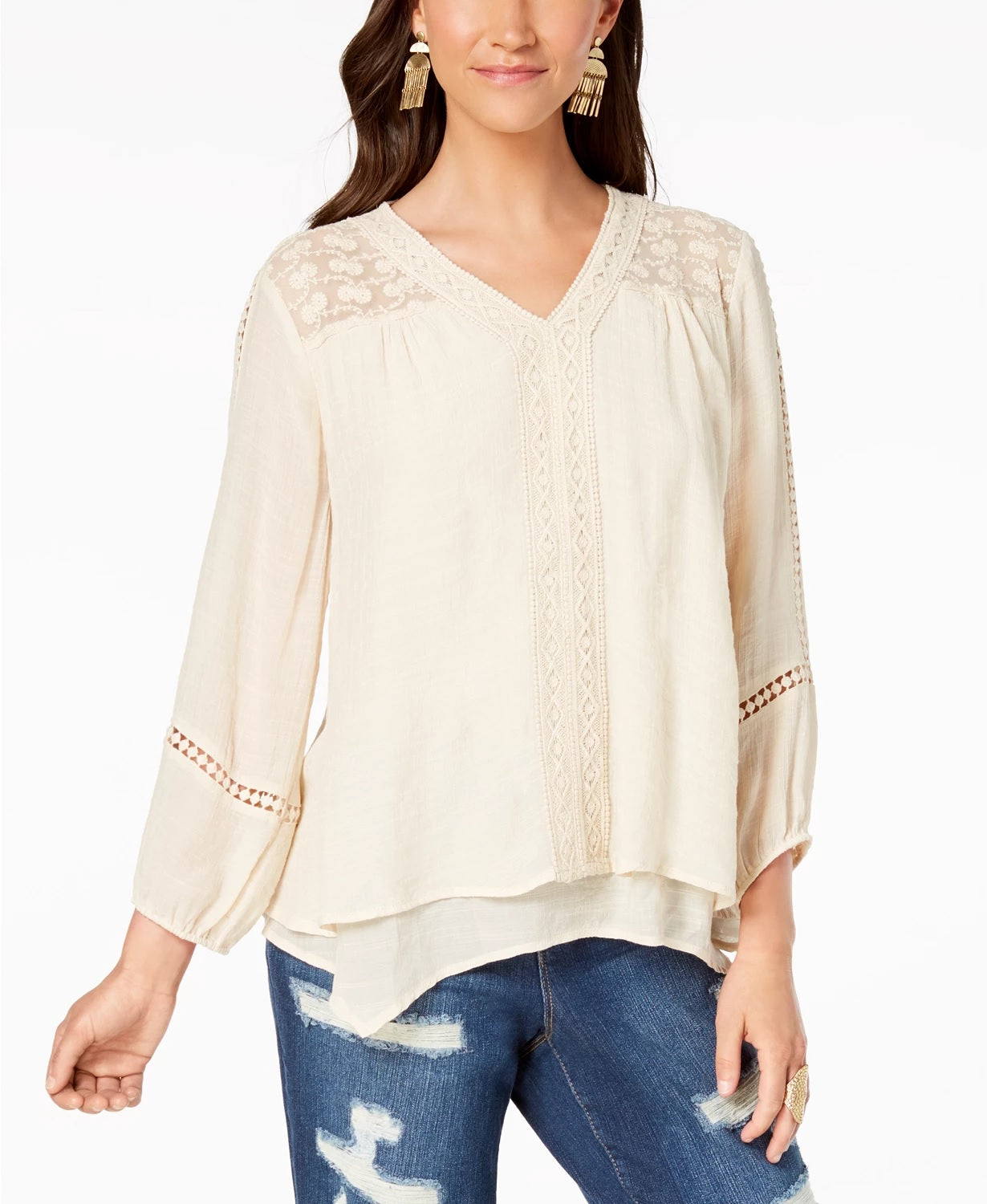 Style & Co Women's Lace-Yoke Handkerchief-Hem Top White Size Small