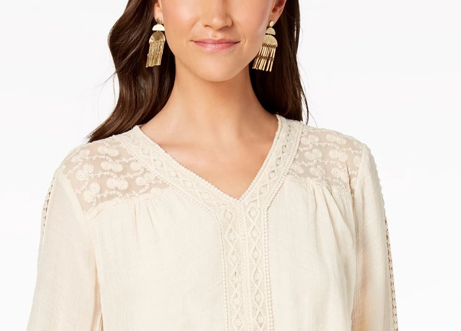 Style & Co Women's Lace-Yoke Handkerchief-Hem Top White Size Small