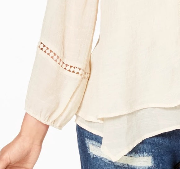 Style & Co Women's Lace-Yoke Handkerchief-Hem Top White Size Small