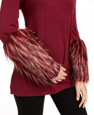 Alfani Women's Mock Neck Sweater With Faux Fur Cuffs Wine Size Petite Medium