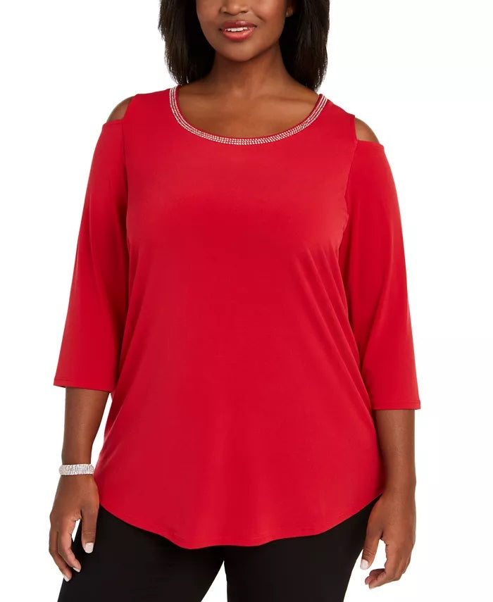 JM Women's Collection Plus Size Diamonte-Trim Cold-Shoulder Tunic Medium Red Size 3X