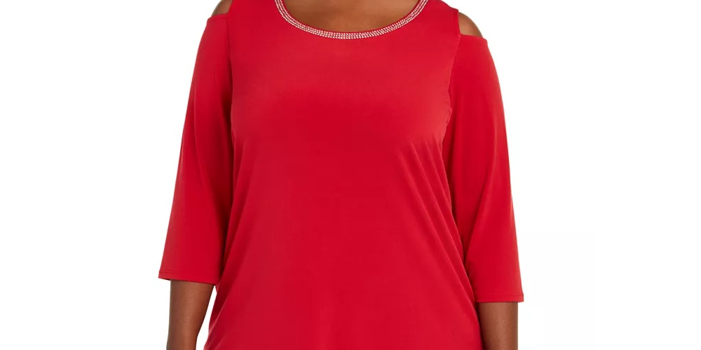 JM Women's Collection Plus Size Diamonte-Trim Cold-Shoulder Tunic Medium Red Size 3X