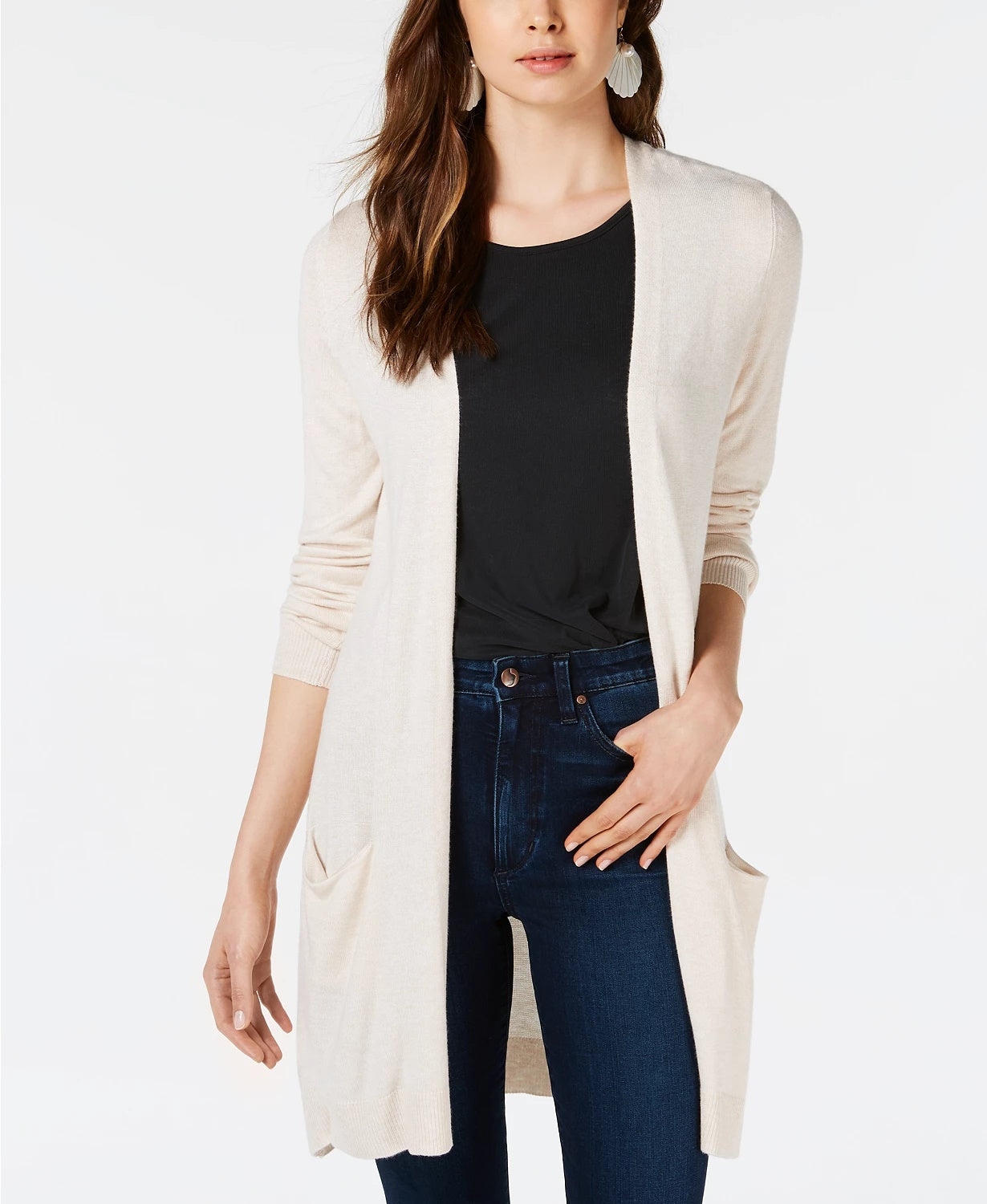 Maison Jules Women's Long Open-Front Jersey Cardigan Sweater Dark Beige Size Large