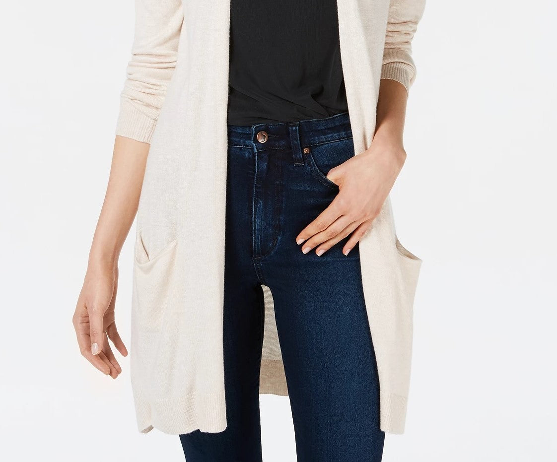 Maison Jules Women's Long Open-Front Jersey Cardigan Sweater Dark Beige Size Large