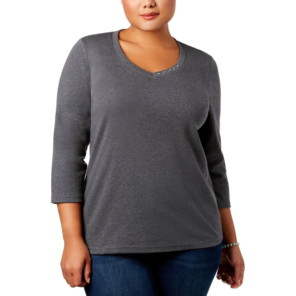 Karen Scott Women's Cotton Button-Trim Top Gray Size Small