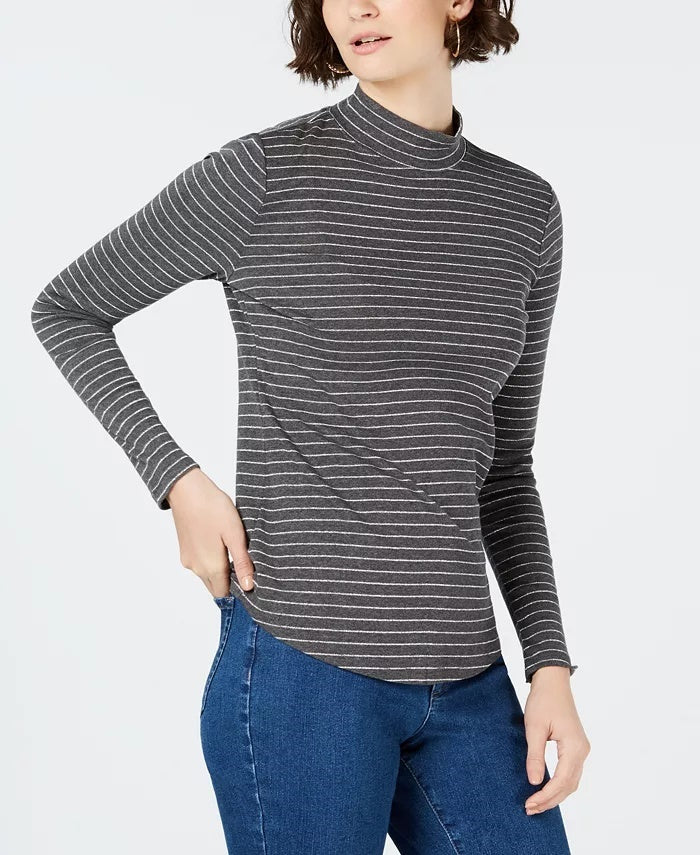 Charter Club Women's Cotton Striped Mock Neck T-Shirt Dark Grey Size X-Small