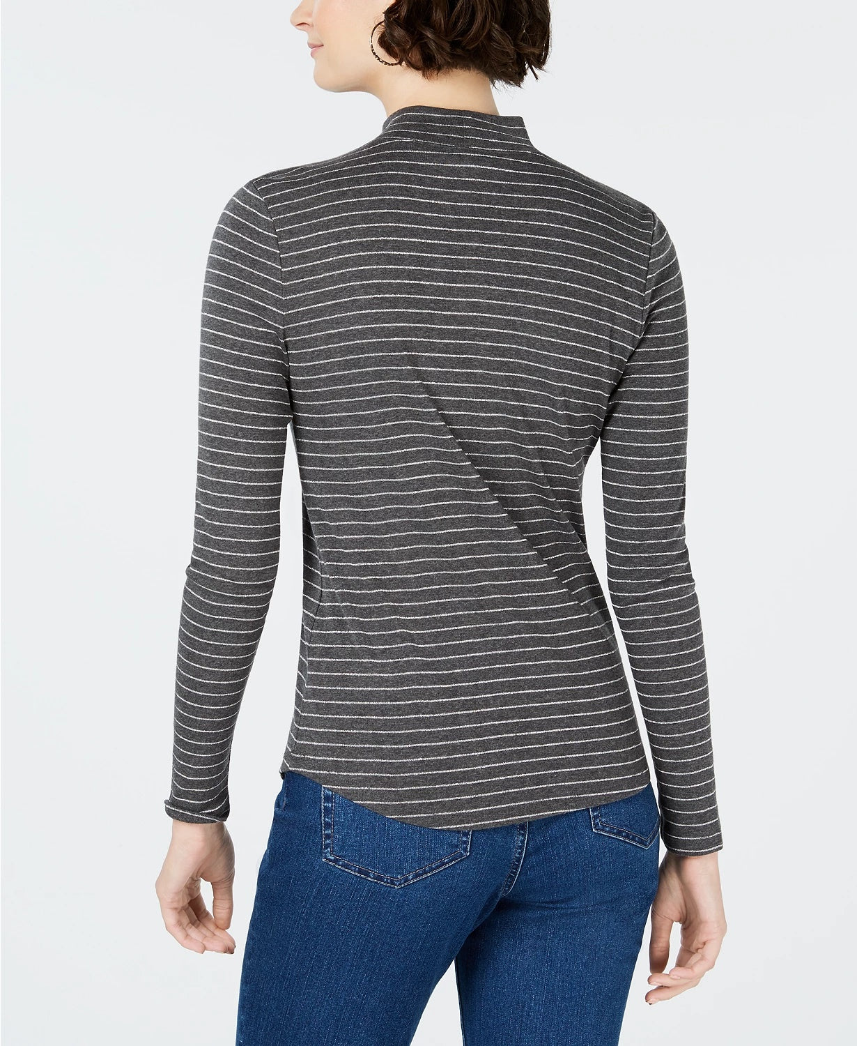 Charter Club Women's Cotton Striped Mock Neck T-Shirt Dark Grey Size X-Small