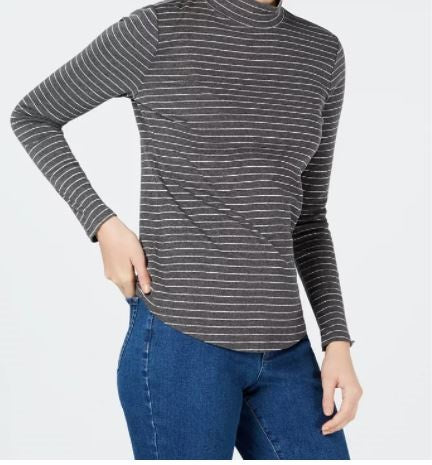 Charter Club Women's Cotton Striped Mock Neck T-Shirt Dark Grey Size X-Small