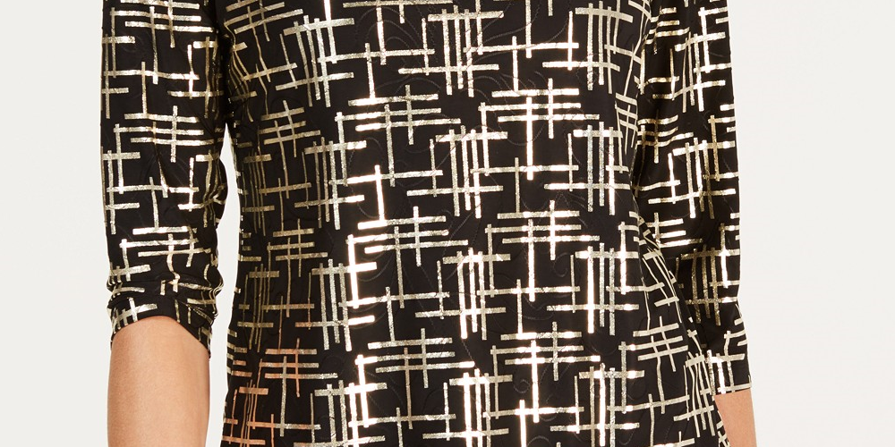 JM Collection Women's Petite Printed Jacquard Top Black Size Medium