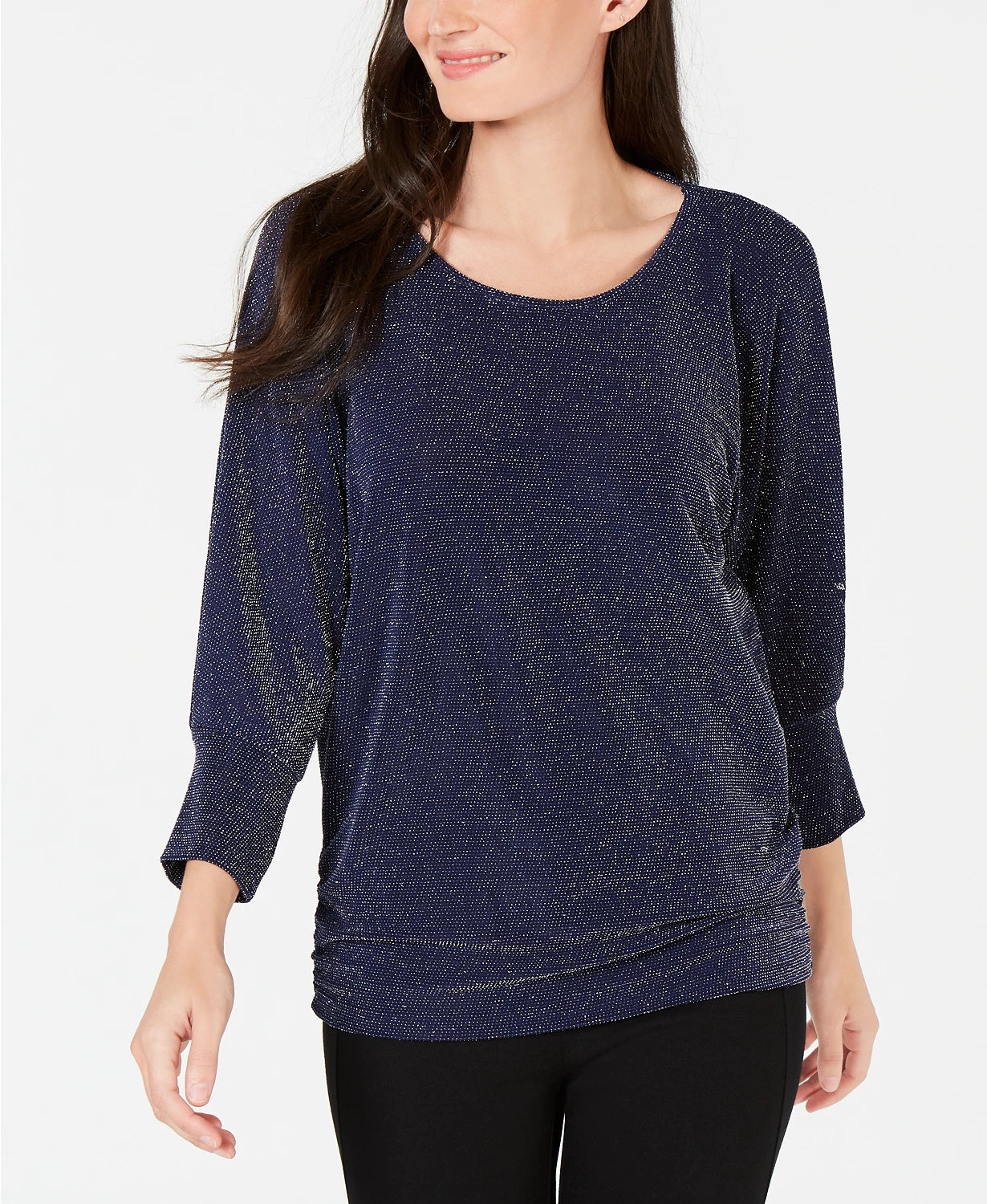JM Women's Collection Metallic Boat-Neck Top Navy Size Large
