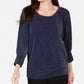 JM Collection Women's Metallic Boat-Neck Top Navy Size Medium