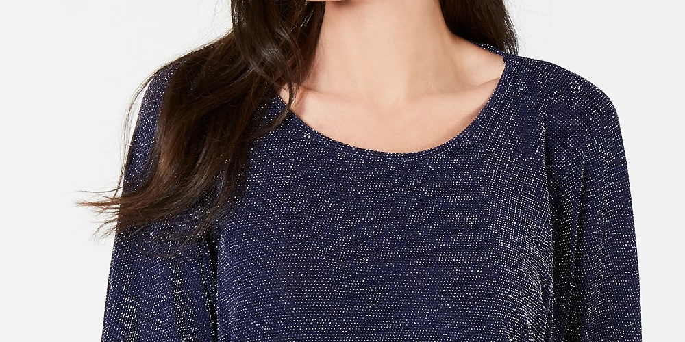 JM Collection Women's Metallic Boat-Neck Top Navy Size Medium
