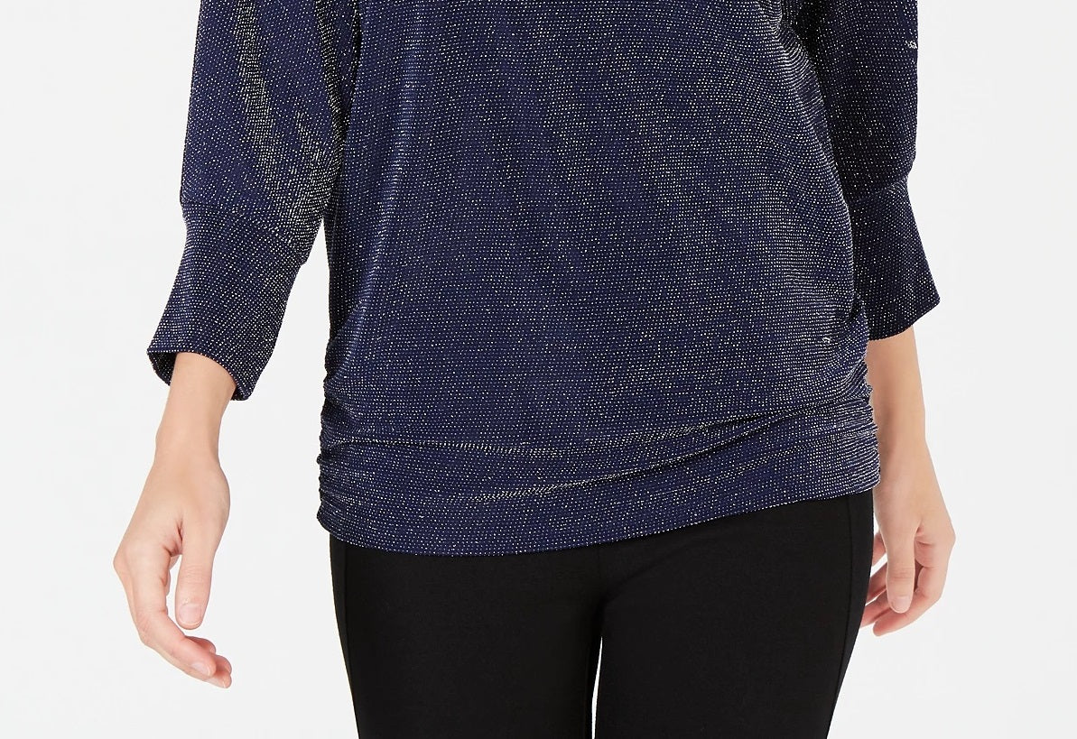 JM Collection Women's Metallic Boat-Neck Top Navy Size Medium