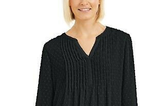 Charter Club Women's Double Ruffle Textured Pintuck Top Black Size Large
