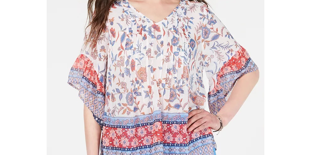 Style & Co Women's Retro Scarf Print Pintuck Pleat Top Navy Size X-Large
