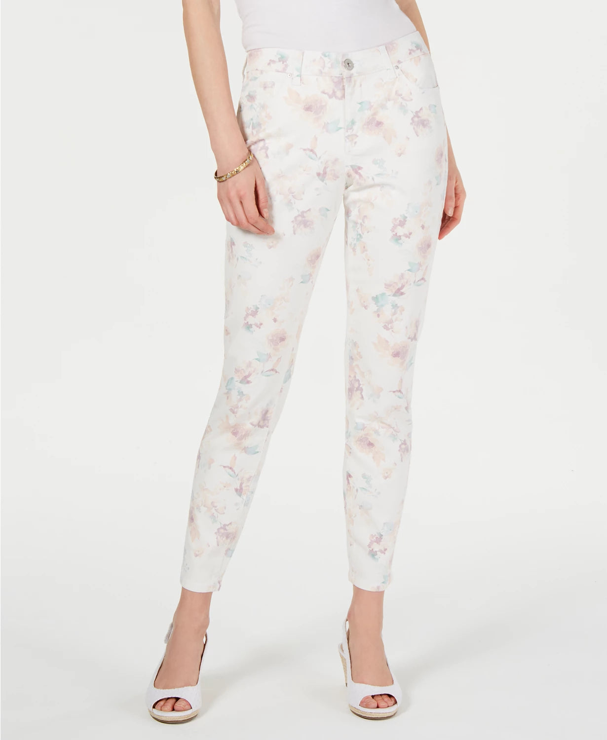 Style & Co Women's Floral-Print Skinny Jeans White Size 12