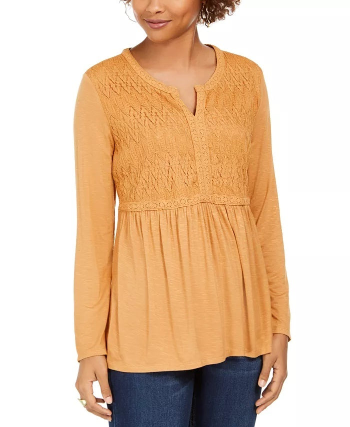 Style & Co Women's Lace-Front Draped Top Gold Size Small