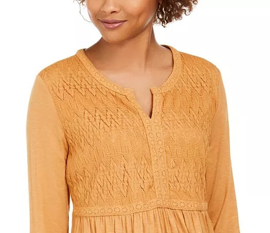 Style & Co Women's Lace-Front Draped Top Gold Size Small