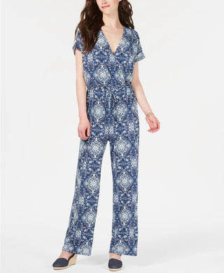 Style & Co Women's V-Neck Printed Knit Jumpsuit Dark Blue Size Medium