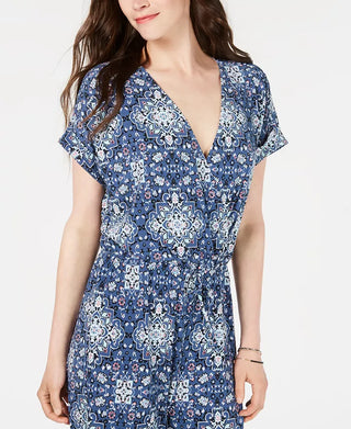 Style & Co Women's V-Neck Printed Knit Jumpsuit Dark Blue Size Medium