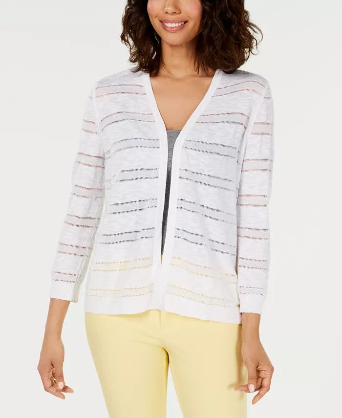 Charter Club Women's Pointelle Striped Cardigan White Size Medium