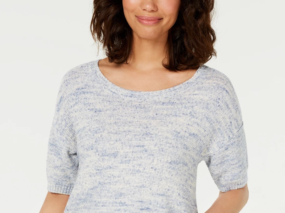 Charter Club Women's Spacedyed Elbow-Sleeve Cotton Sweater Blue Size Extra Small