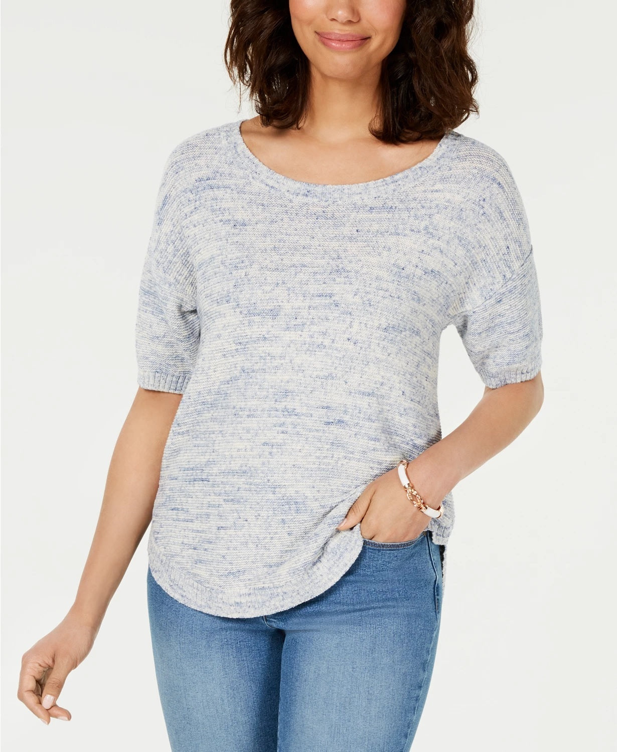 Charter Club Women's Spacedyed Elbow-Sleeve Cotton Sweater Blue Size Large