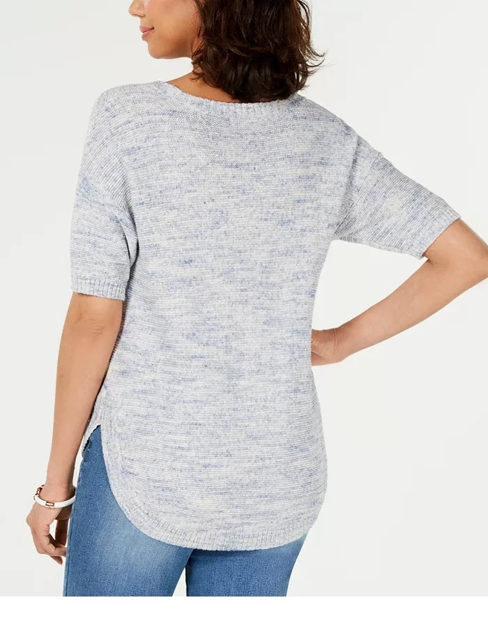 Charter Club Women's Spacedyed Elbow-Sleeve Cotton Sweater Blue Size Medium
