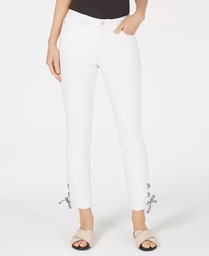 Charter Club Women's Gingham Lace Up Skinny Jeans White Size 8