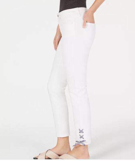 Charter Club Women's Gingham Lace Up Skinny Jeans White Size 8