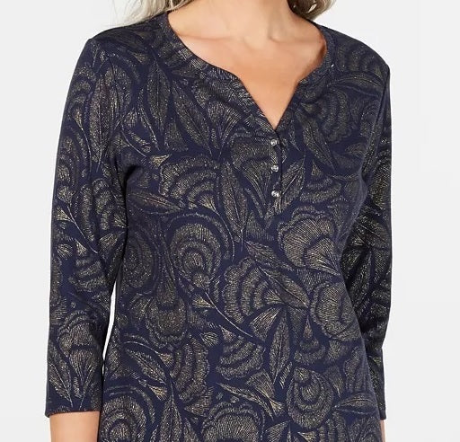Karen Scott Women's Leaf Print 3/4 Sleeve Top Navy Size Petite Small